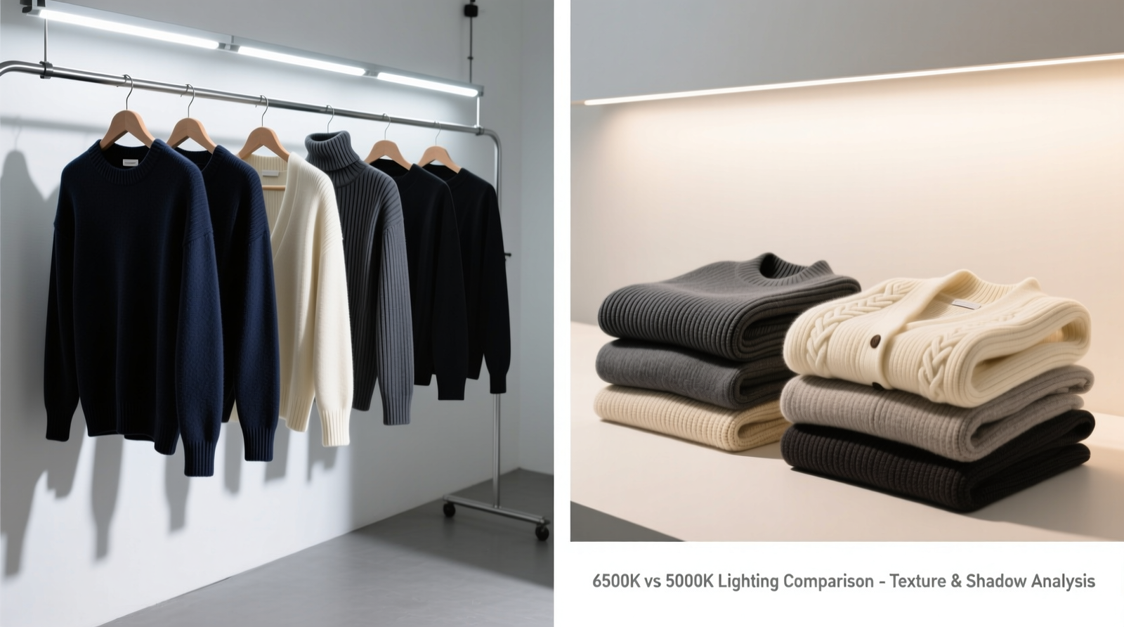 Side-by-side comparison: left shows harsh, flat 6500K LED light casting sharp shadows on hanging shirts; right shows layered, diffused 5000K tunable light evenly illuminating folded sweaters and garment textures with soft shadow gradation