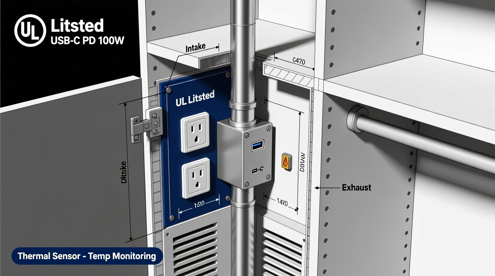 Cross-section diagram of a closet island showing rigid metal conduit entering a ventilated steel enclosure housing two UL-listed USB-C PD outlets, with labeled airflow gaps and thermal sensor placement