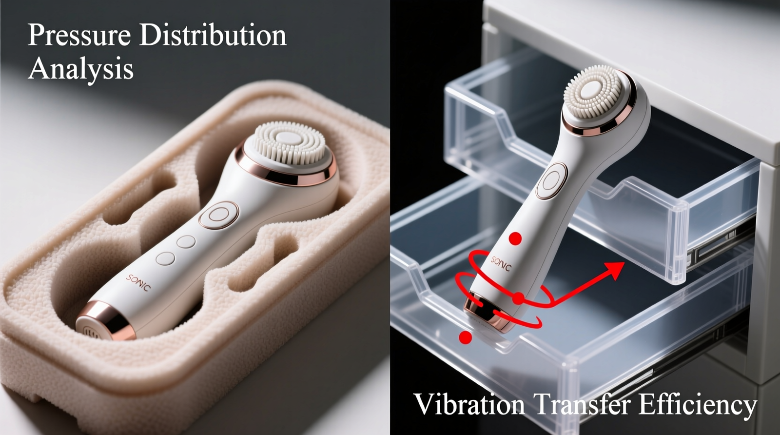 Side-by-side comparison showing a sonic cleansing brush resting securely in a laser-cut EVA foam tray versus precariously balanced between two rigid plastic drawer dividers, with annotated arrows indicating pressure points and vibration pathways
