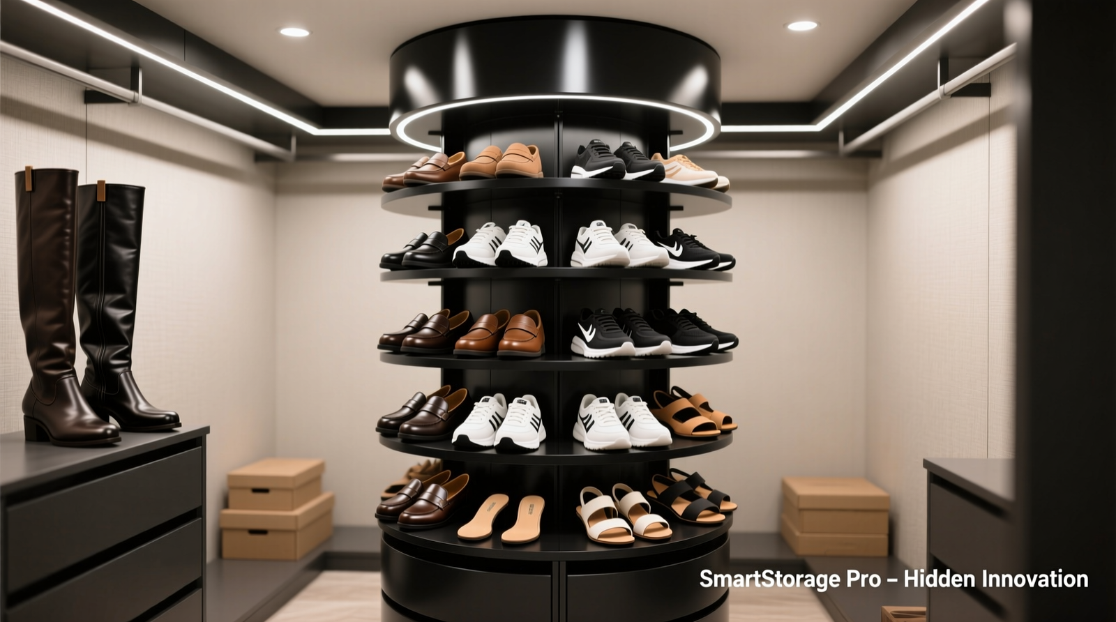 A sleek, matte-black motorized closet shoe carousel installed inside a standard reach-in closet, rotating smoothly with 14 visible tiers holding diverse footwear—ankle boots, loafers, running shoes, sandals—each pair fully visible and unobstructed. No floor units, no stacked boxes, no over-door clutter.