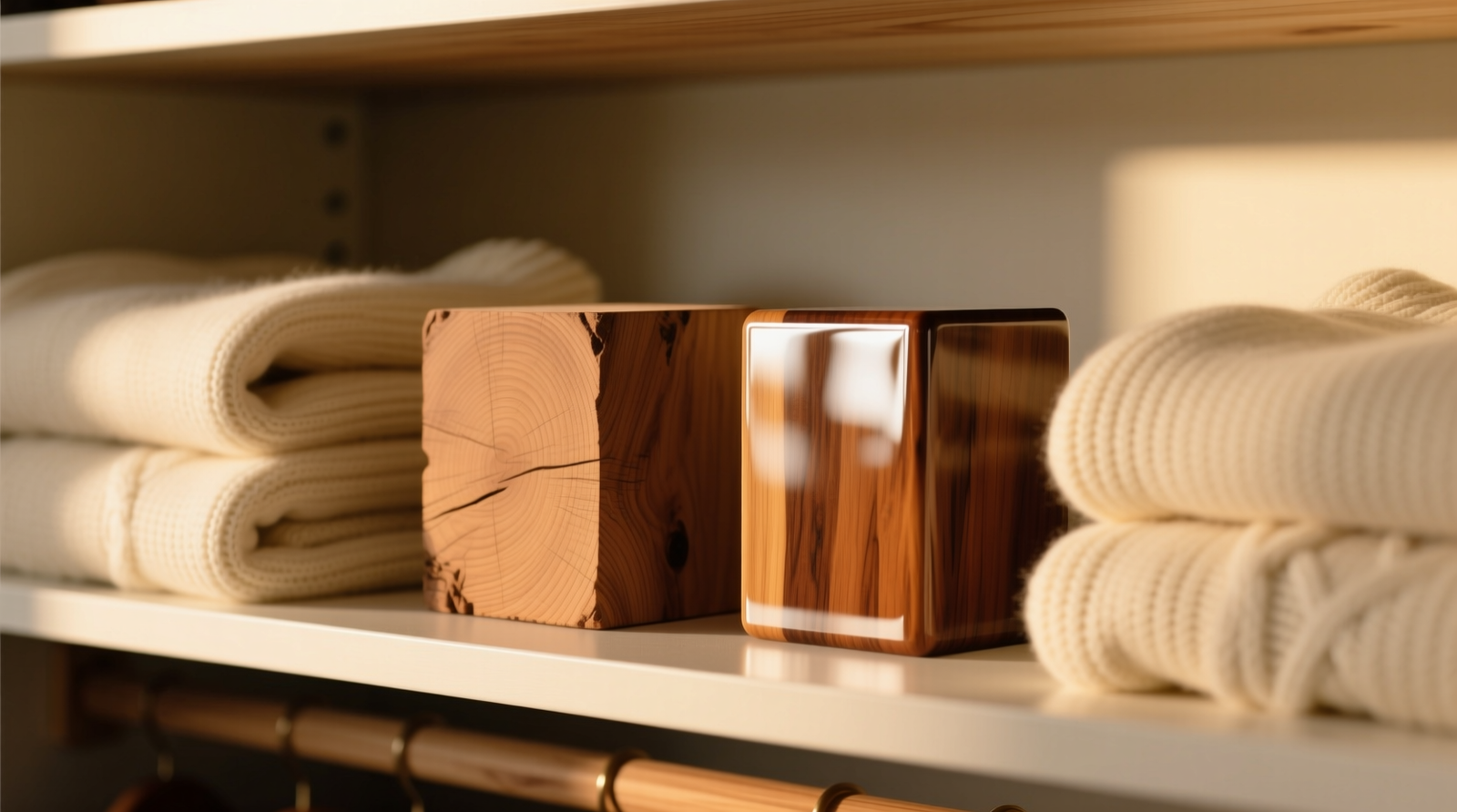 Side-by-side comparison: rough-hewn Eastern red cedar blocks placed strategically on closet shelves next to a sleek but dusty reed diffuser in a fabric-lined cedar closet