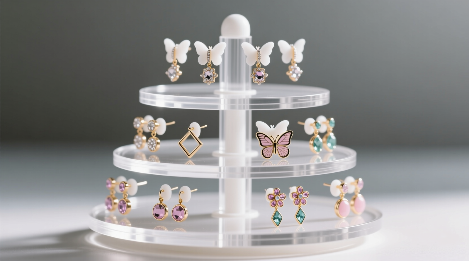 A white rotating carousel stand with five tiers, each tier holding 12 earring posts upright in silicone-lined holes; matching earring backs visible nestled just below each post, all arranged by metal type and style