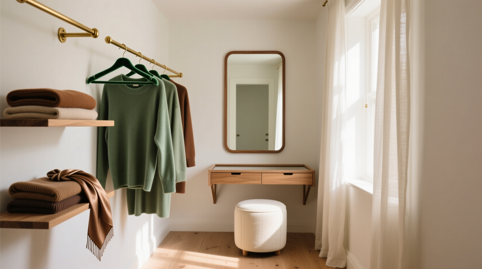 A compact, light-filled mini dressing room with wall-mounted rods at varying heights, slim velvet hangers, floating oak shelves holding folded sweaters and scarves, a full-length mirror anchored to the rear wall, and a single upholstered stool tucked beneath a fold-down vanity ledge