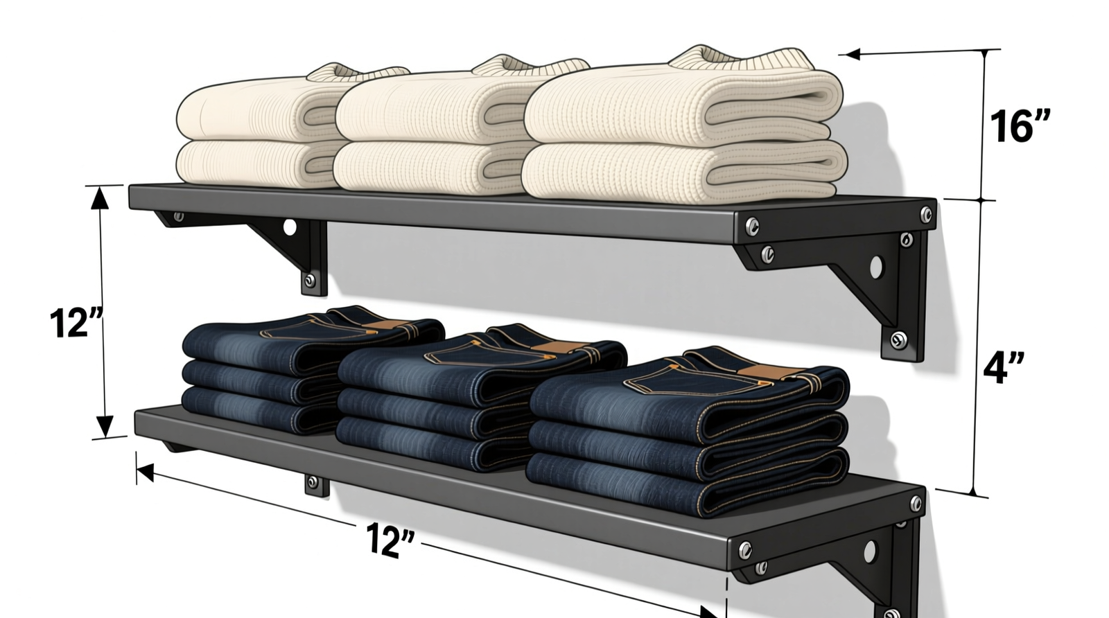 Side-by-side comparison: left shows fixed wooden shelves with sagging sweater stack and cramped shoe box; right shows identical closet frame with steel adjustable brackets holding level, evenly spaced shelves accommodating folded knits, hanging jackets, and open-bottom shoe cubbies