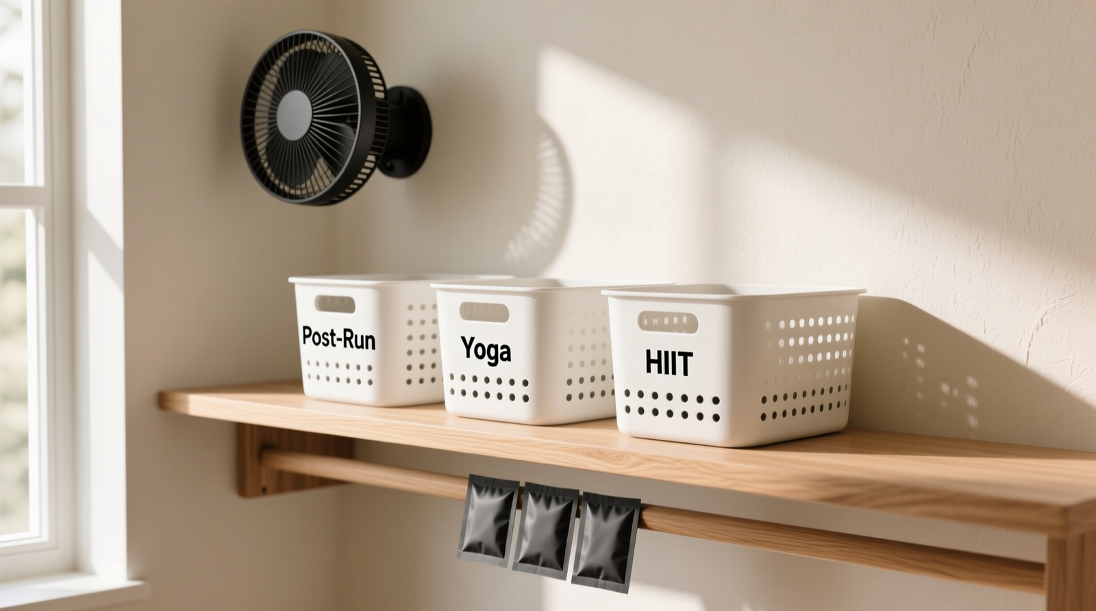 A minimalist, well-lit closet corner featuring three perforated white bins on a floating oak shelf, each labeled 'Post-Run', 'Yoga', 'HIIT'; charcoal sachets visible beneath the front bin, with a small wall-mounted fan angled downward for gentle airflow
