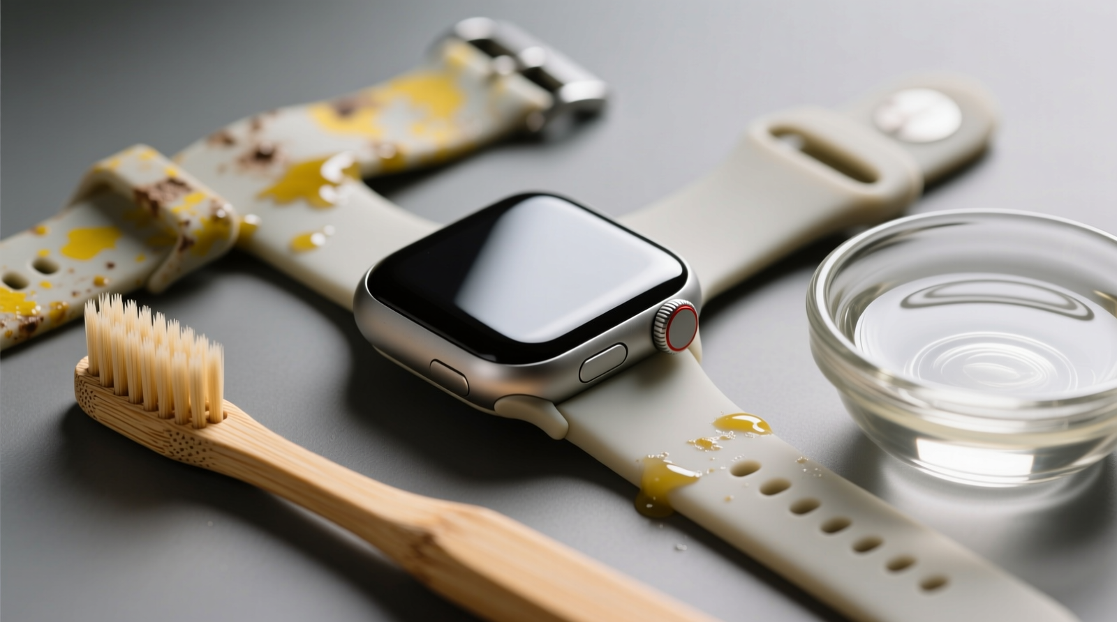 Close-up macro photograph showing a clean, matte-finish silicone watch band beside a discolored, slightly tacky band, with a bamboo toothbrush and small glass bowl containing clear vinegar-water solution in the foreground