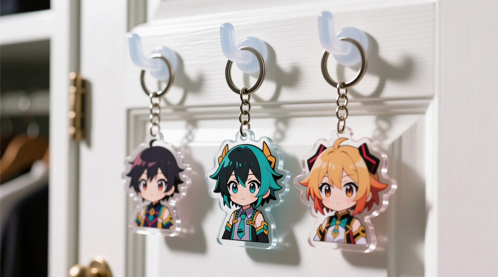 Close-up photo showing three anime keychains suspended from ultra-thin silicone-backed hooks on a white painted closet door, with nylon micro-loops visible between rings and hooks—no visible pressure marks or discoloration on the surface
