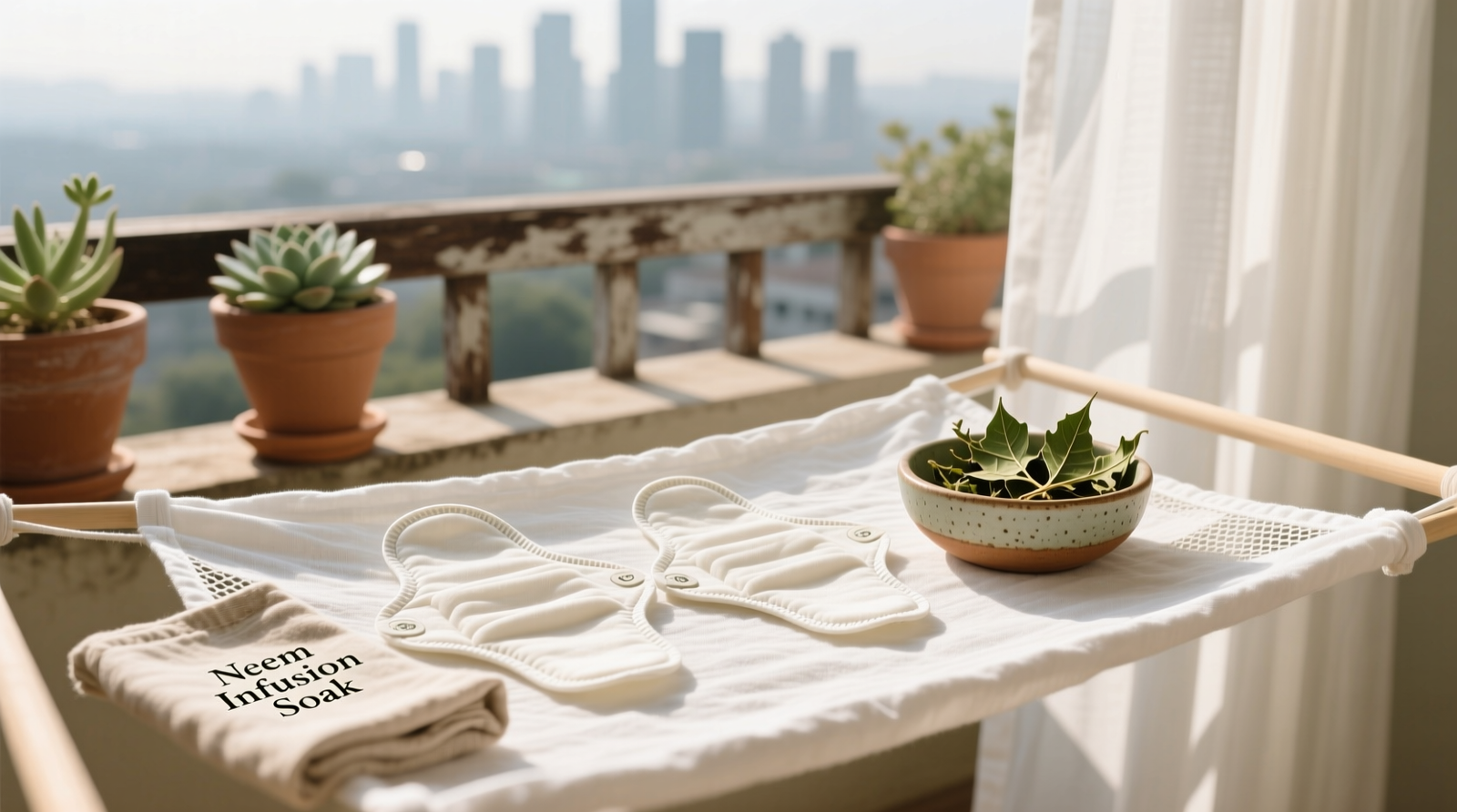 A clean, sunlit balcony showing two reusable menstrual pads laid flat on a white cotton mesh drying rack, with a small ceramic bowl beside them containing dried neem leaves and a linen cloth labeled 'Neem Infusion Soak'