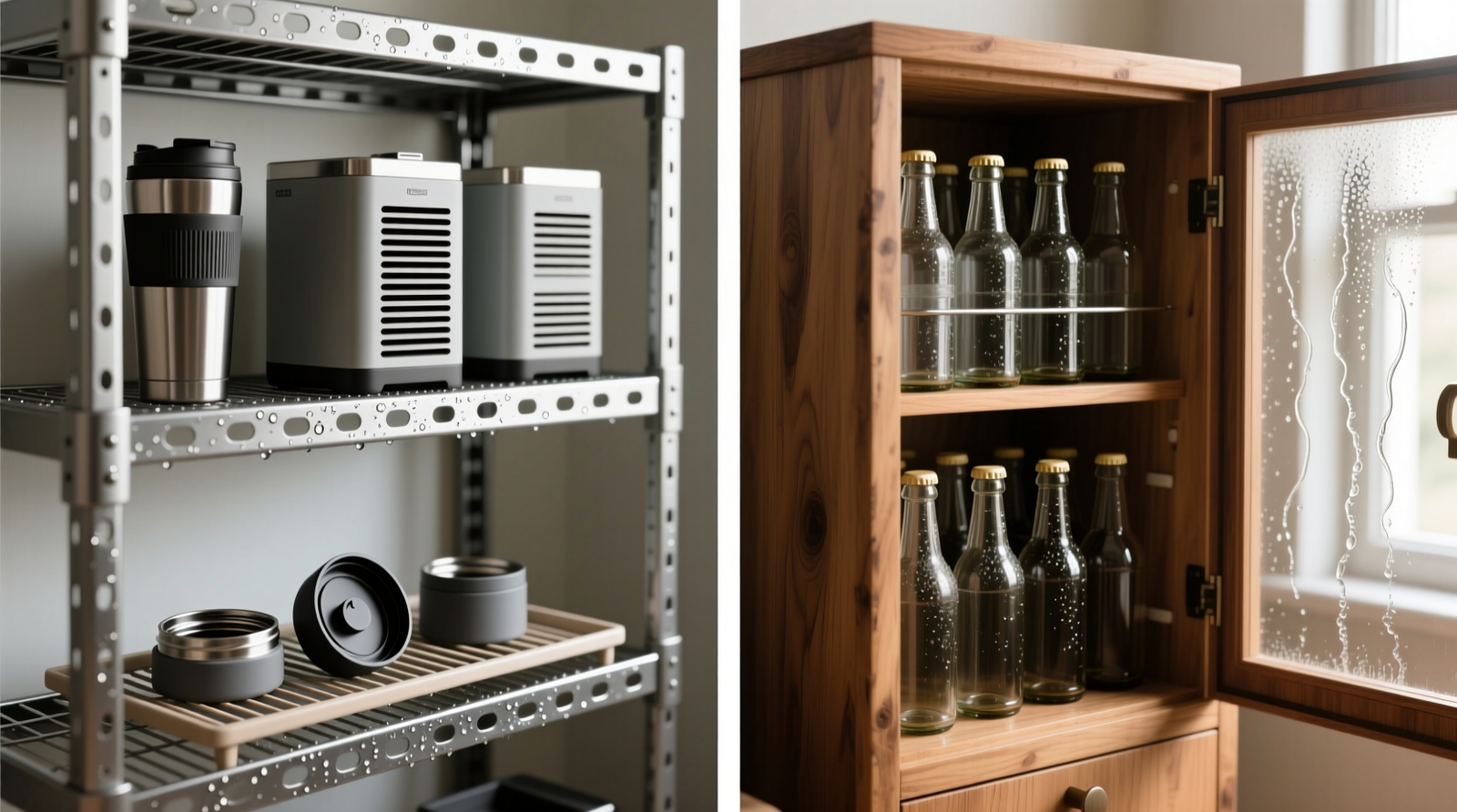 A matte-black metal caddy mounted vertically on a closet’s interior side panel, holding five insulated water bottles upright with slight forward tilt; a folded microfiber cloth hangs from a small hook beneath the bottom slot
