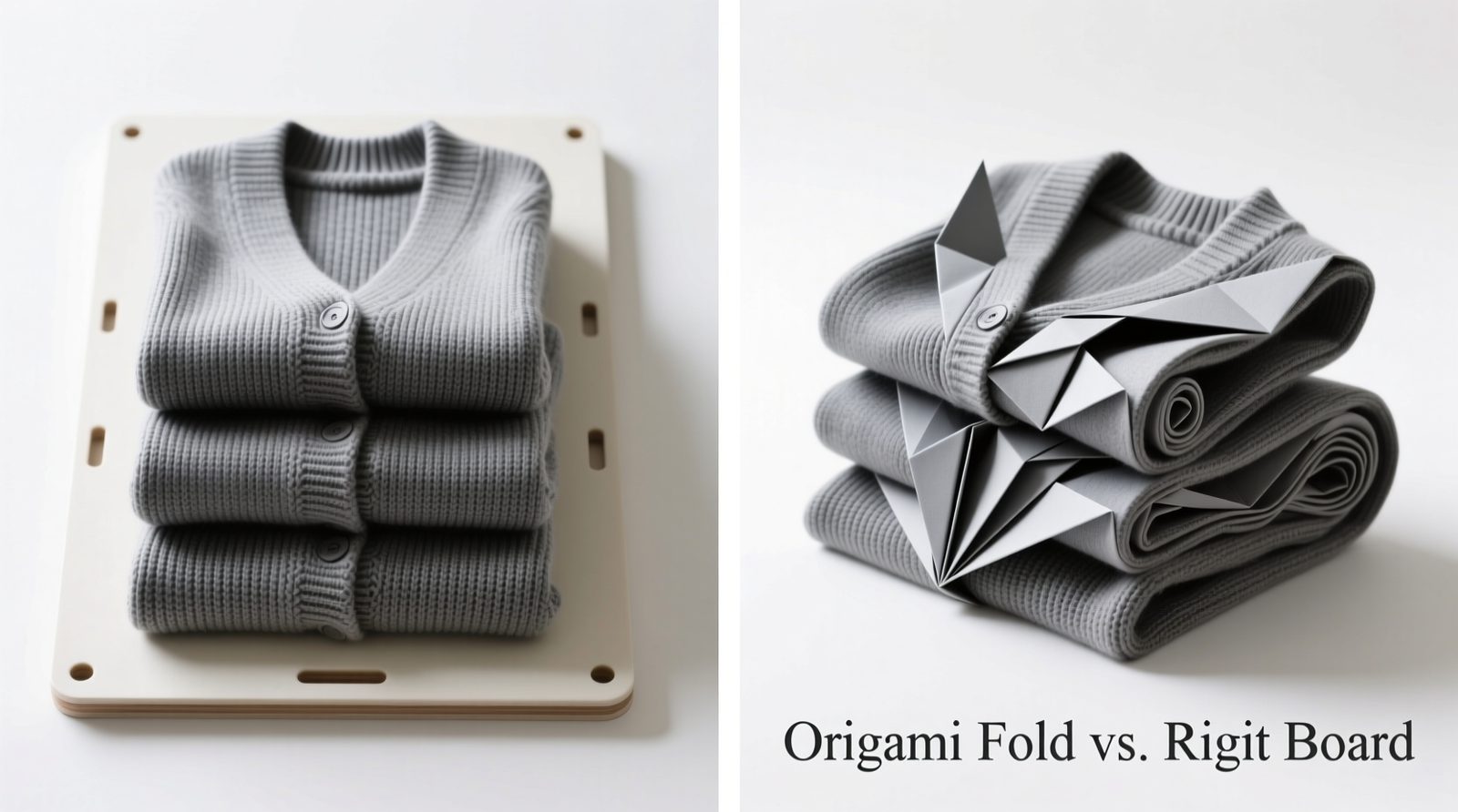 Side-by-side comparison: left shows three thick knit cardigans folded with a rigid folding board—identical dimensions, crisp edges, no distortion; right shows same cardigans folded via origami technique—varying heights, rolled cuffs, visible shoulder bulges