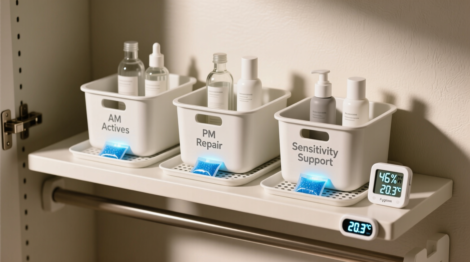 A minimalist closet shelf with three identical insulated polypropylene bins labeled 'AM Actives', 'PM Repair', and 'Sensitivity Support'; each bin contains upright skincare bottles, a visible blue silica gel pack beneath a perforated tray, and a digital hygrometer reading 46% RH and 20.3°C