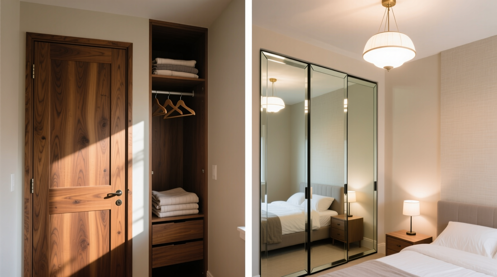 Side-by-side comparison showing identical small bedroom: left with solid wood closet doors and shadowed interior; right with professionally installed beveled-edge mirrored doors reflecting ceiling light and creating seamless spatial continuity