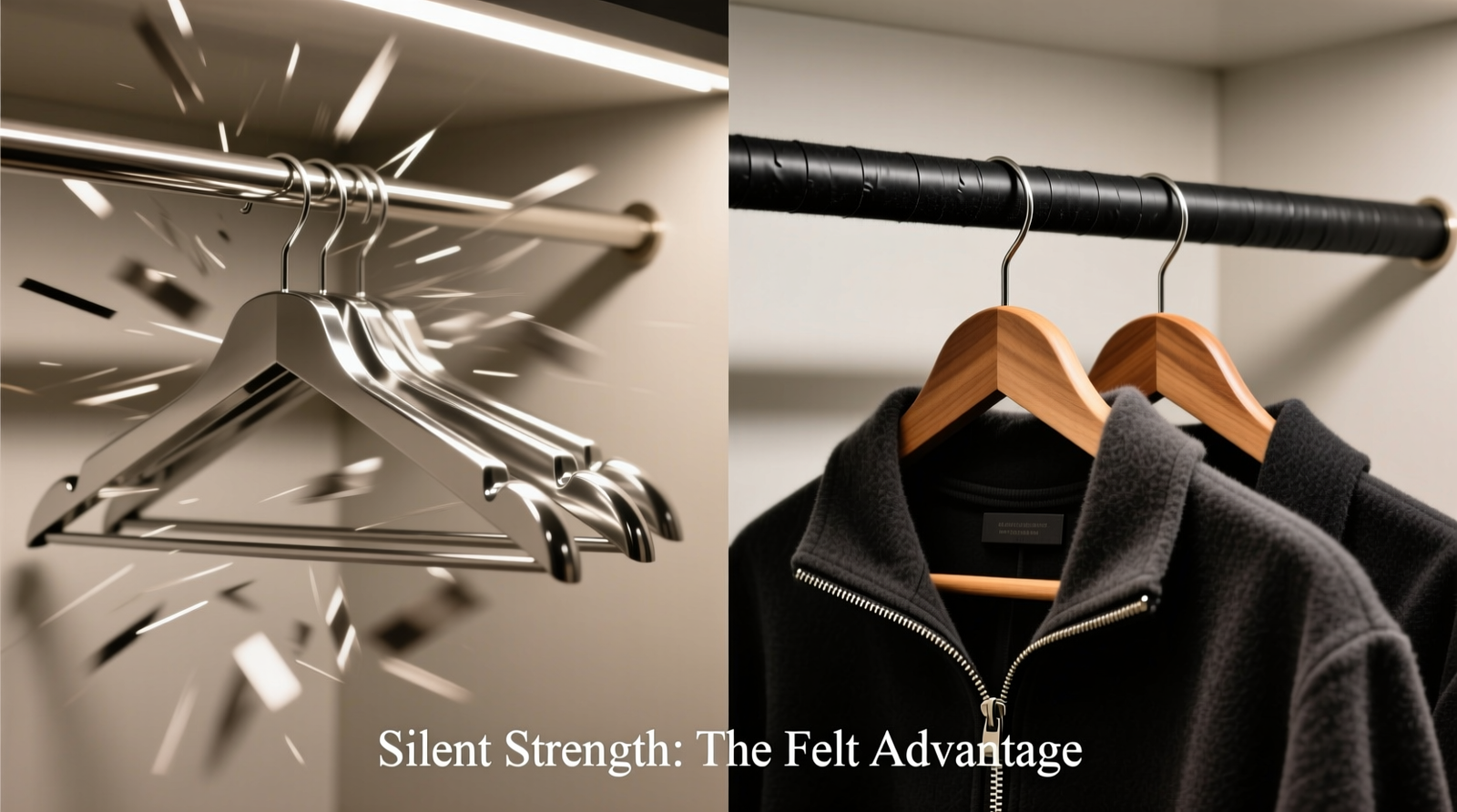 Side-by-side comparison: left shows metal hangers clattering on a bare closet rod; right shows felt-lined wooden hangers resting silently on a rod wrapped with black self-adhesive felt tape, with zippers fully closed and facing inward on hanging garments