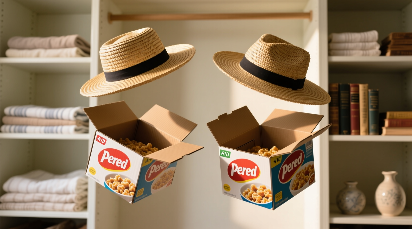 Three stackable hat stands arranged vertically in a narrow closet corner, each holding a different seasonal hat—straw fedora, wool cloche, and cotton bucket hat—with brims fully supported and aligned, mounted against a pale gray wall with discreet black adhesive wall anchors visible at the base.