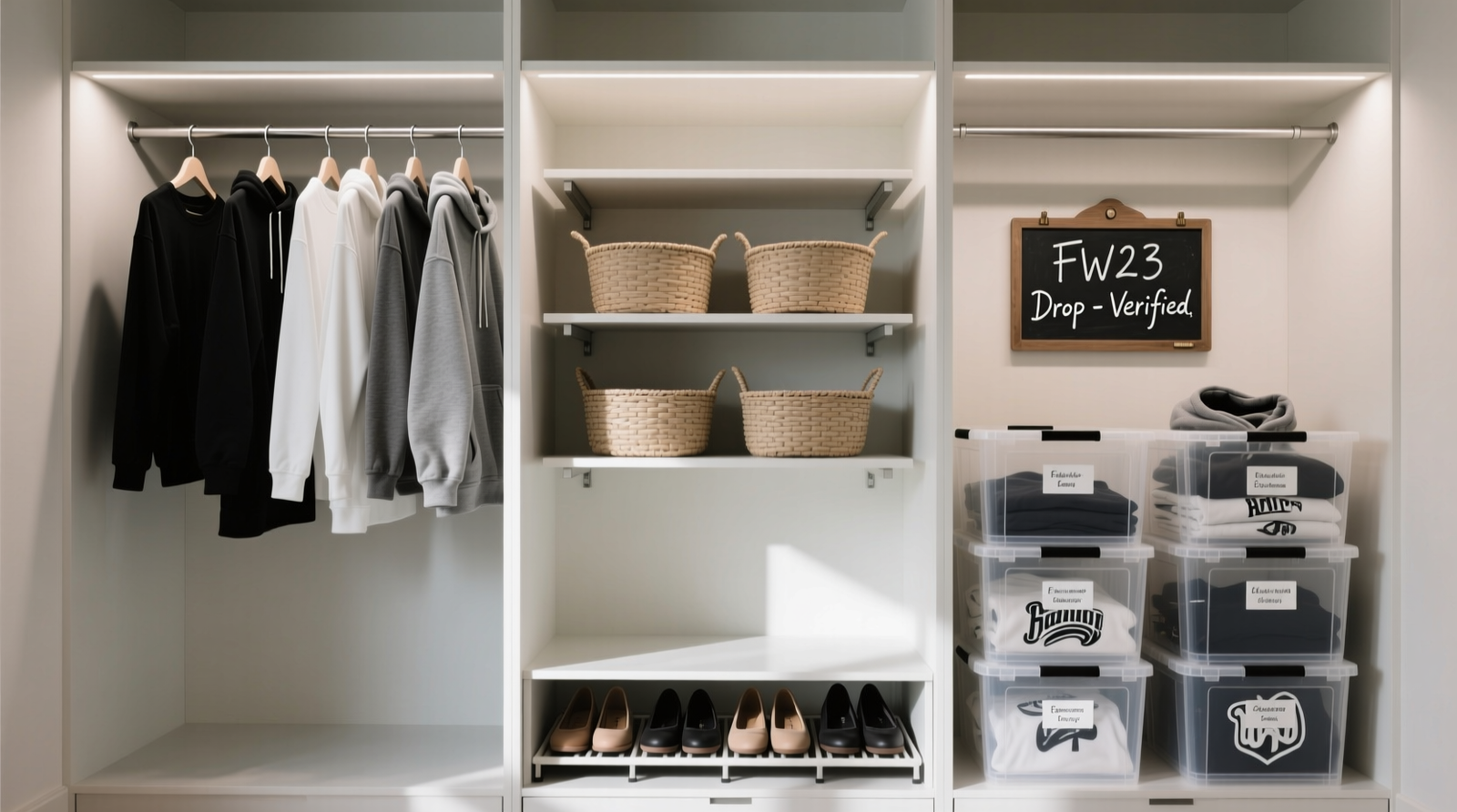 A streamlined walk-in closet divided into three clearly marked vertical zones: left section shows monochrome garments on identical slim hangers; center section features adjustable shelves with neutral woven baskets and a low shoe rack; right section displays stacked, labeled clear plastic bins containing hoodies and graphic tees, with a small chalkboard noting 'FW23 Drop - Verified'