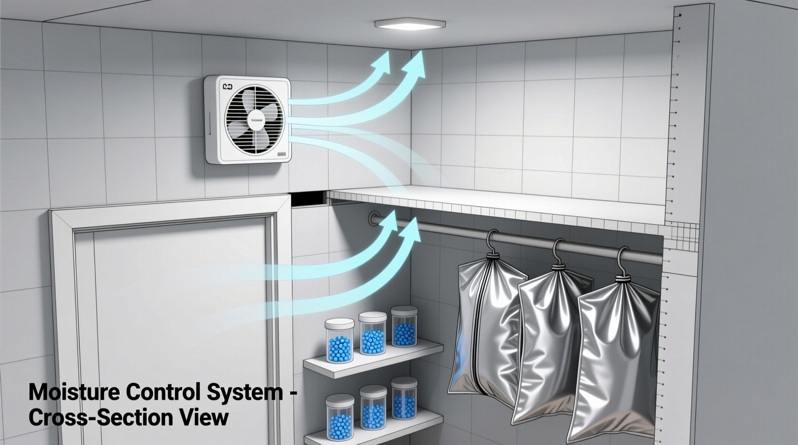 Cross-section diagram showing a closet with a small, wall-mounted hygrostat fan near the top, airflow arrows moving upward and outward through a gap under the door, alongside moisture-absorbing canisters on lower shelves and vacuum-sealed garment bags on hanging rods