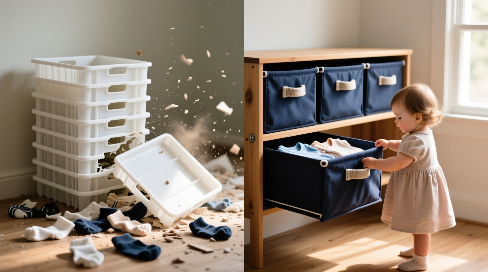 Side-by-side comparison: left shows a neatly stacked set of white rigid plastic dividers mid-collapse, with scattered socks and a tipped-over divider; right shows three navy foldable fabric drawers anchored to a wooden shelf, each containing folded onesies, with a toddler calmly pulling one drawer open by its reinforced fabric handle.