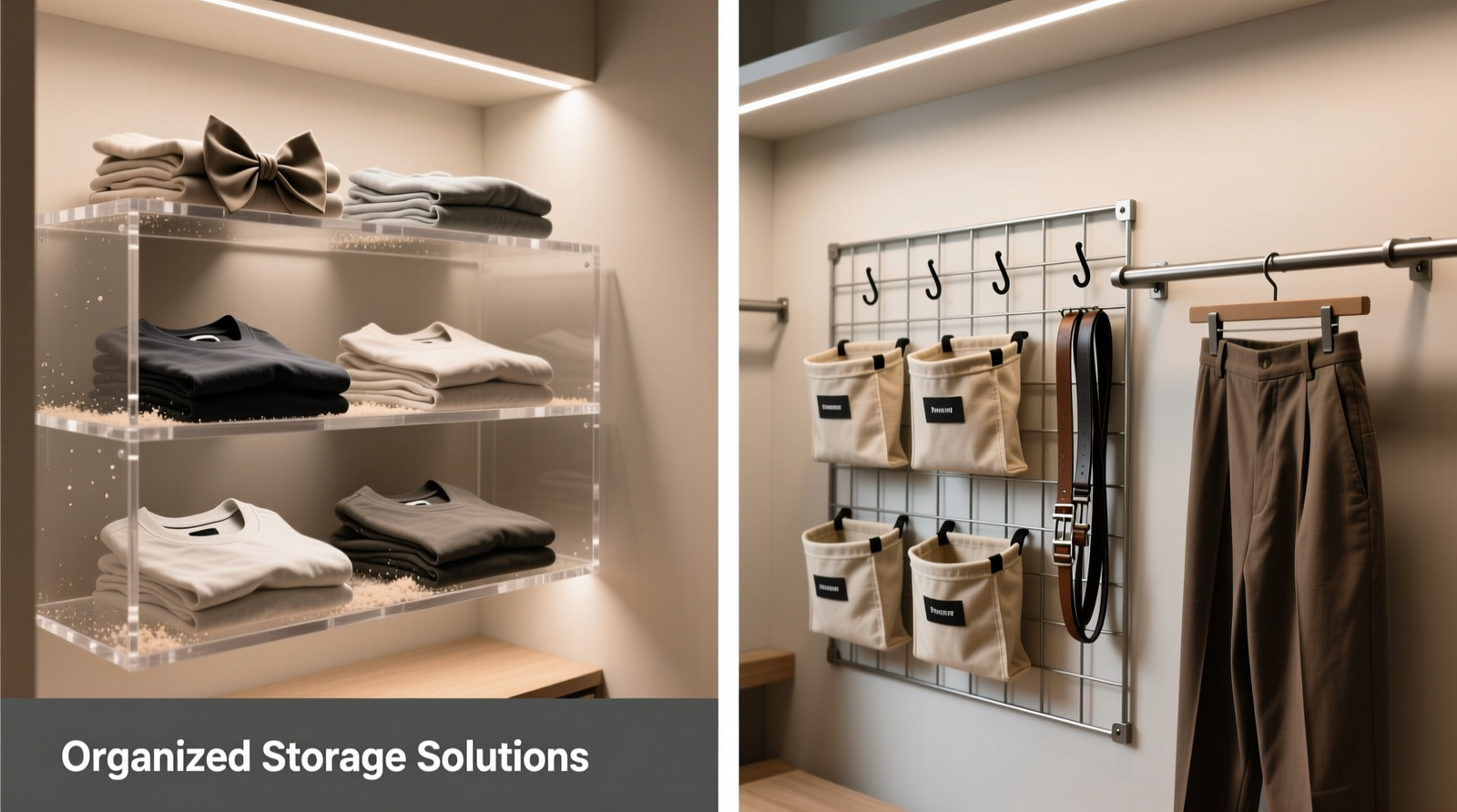 Side-by-side comparison: left shows acrylic shelves holding folded t-shirts with visible bowing and dust accumulation; right shows powder-coated metal grid panel with labeled canvas baskets, S-hooks for belts, and a pull-down pant rod—all fully loaded yet visually uncluttered