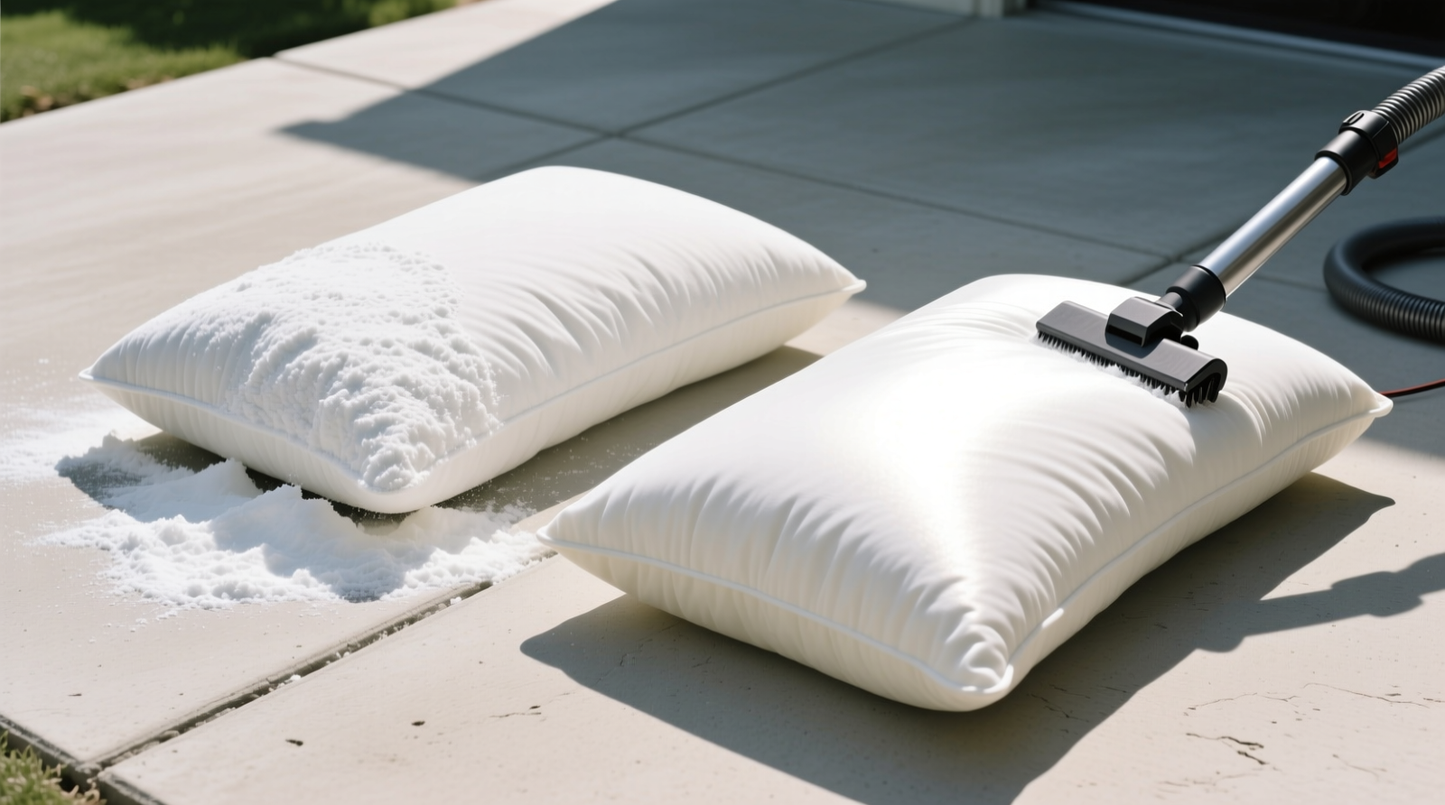 Two memory foam pillows laid flat on a clean concrete patio, one dusted evenly with fine white baking soda, the other freshly vacuumed and glowing under midday sun—no shadows, no covers, no additional tools visible