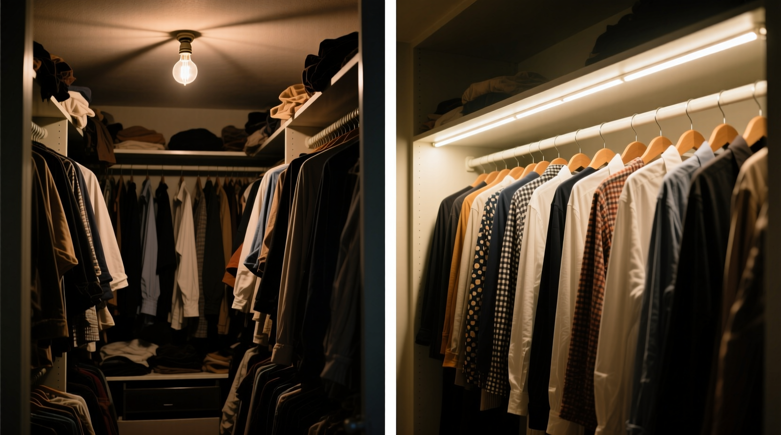 Close-up of a compact walk-in closet with a slim, warm-white LED strip mounted beneath the top shelf, casting even downward light across hanging blazers and folded sweaters—no visible shadows or glare