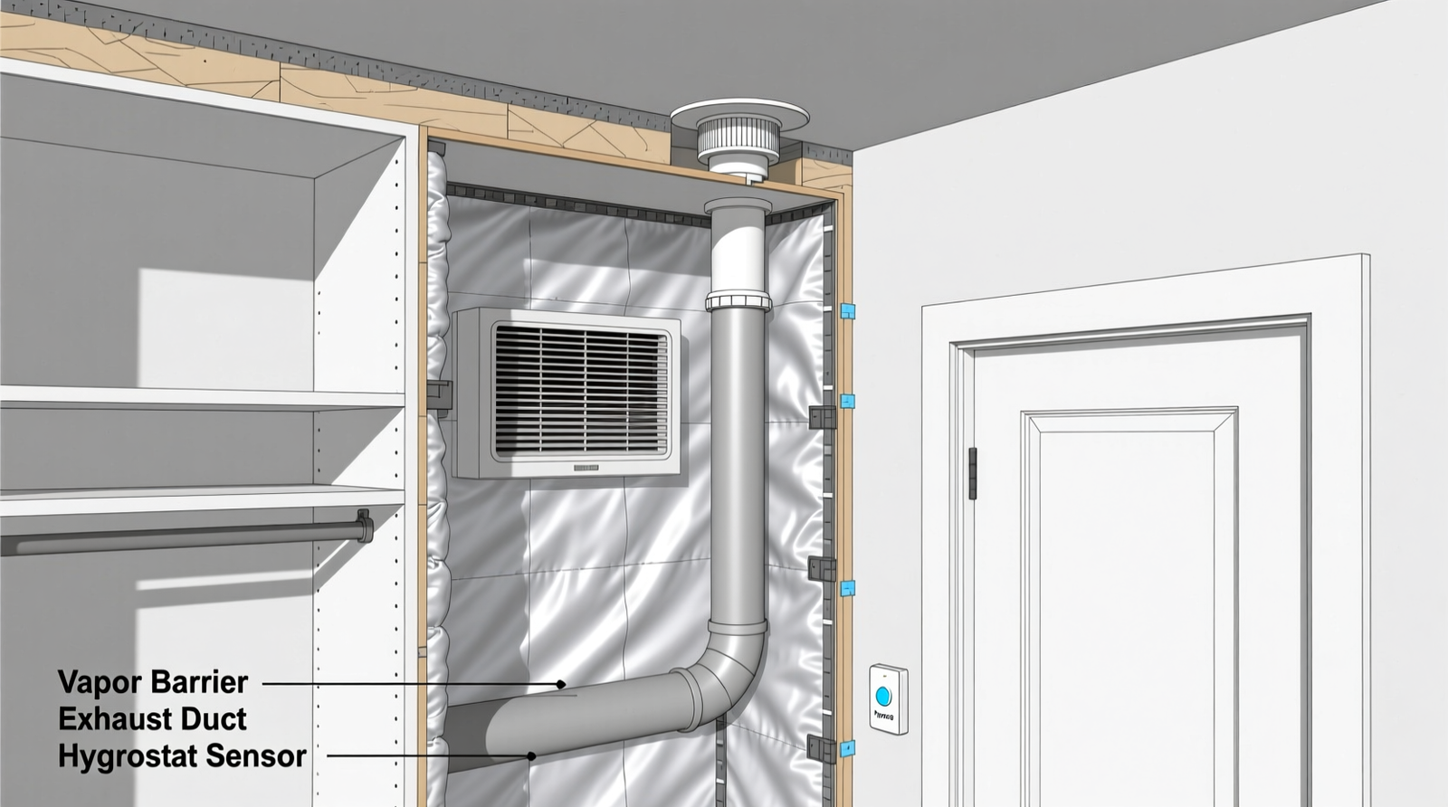 Cross-section diagram showing a closet with vapor-barrier-lined walls, an inline exhaust fan ducted through exterior wall, and a hygrostat switch mounted discreetly beside the door frame