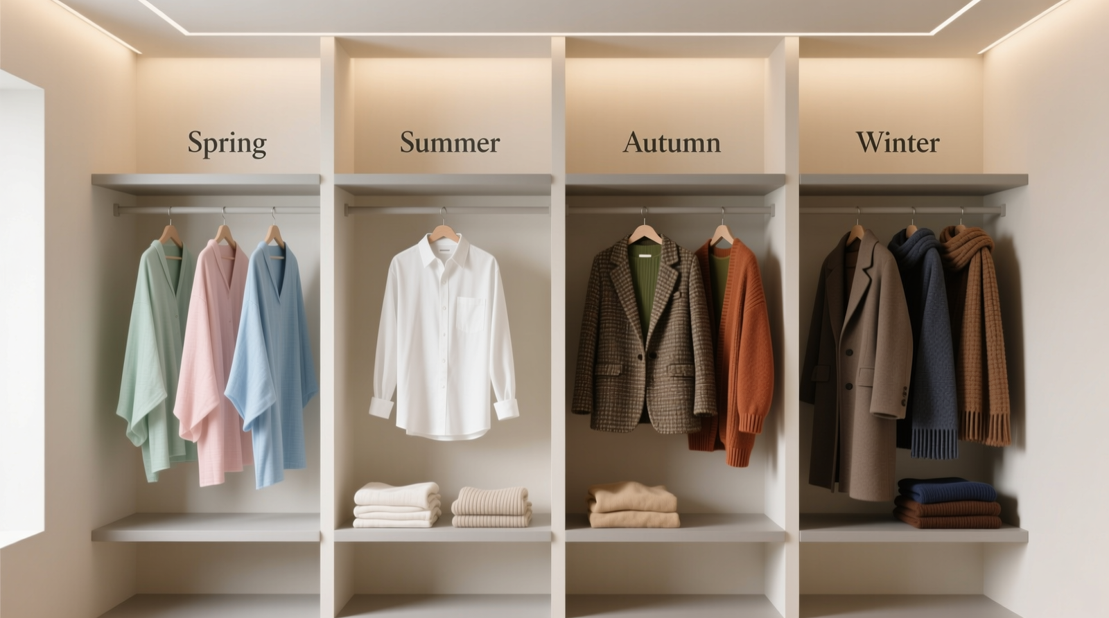 A minimalist closet with four clearly labeled seasonal zones: Spring (soft pastel linens and relaxed silhouettes), Summer (crisp whites and breathable knits), Autumn (textured tweeds and warm mid-tones), Winter (deep layers, matte wools, and tactile scarves)—all sharing a unified neutral base