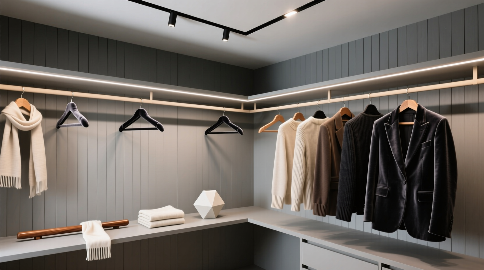 A well-lit, floor-to-ceiling closet with matte gray textured paneling, evenly spaced slim velvet hangers in gradient order, an eye-level open shelf holding three minimalist props, and recessed track lighting casting soft, shadow-free illumination across folded knits and hanging blazers