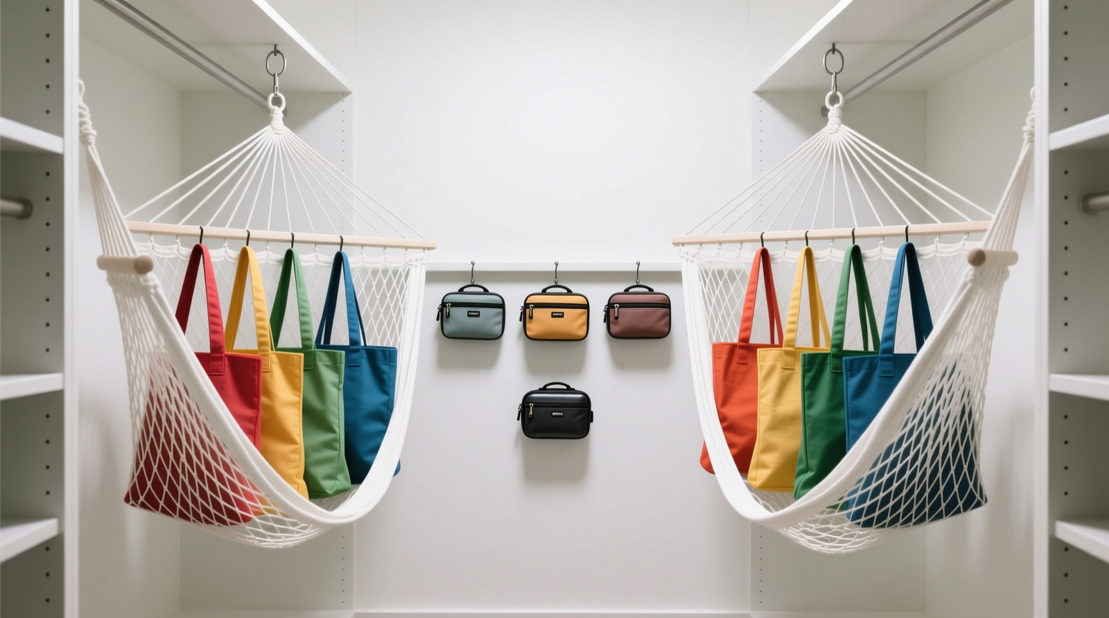 Two white collapsible mesh hammocks mounted on opposite sides of a shallow closet interior, each holding six colorful reusable grocery totes hung by handles and three compact travel pouches clipped into visible mesh openings—no overlapping, no sagging, clean sightlines.
