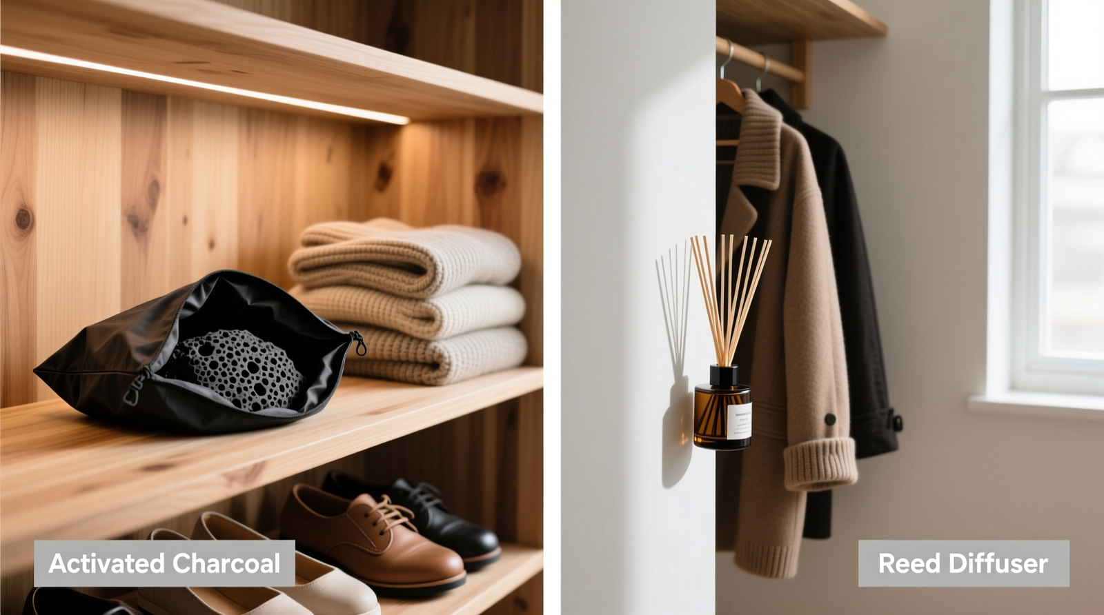 Side-by-side comparison: activated charcoal bag placed openly on cedar shelf versus reed diffuser wedged behind hanging coats—highlighting airflow access and proximity to moisture-prone zones like shoe racks and wool sweater stacks
