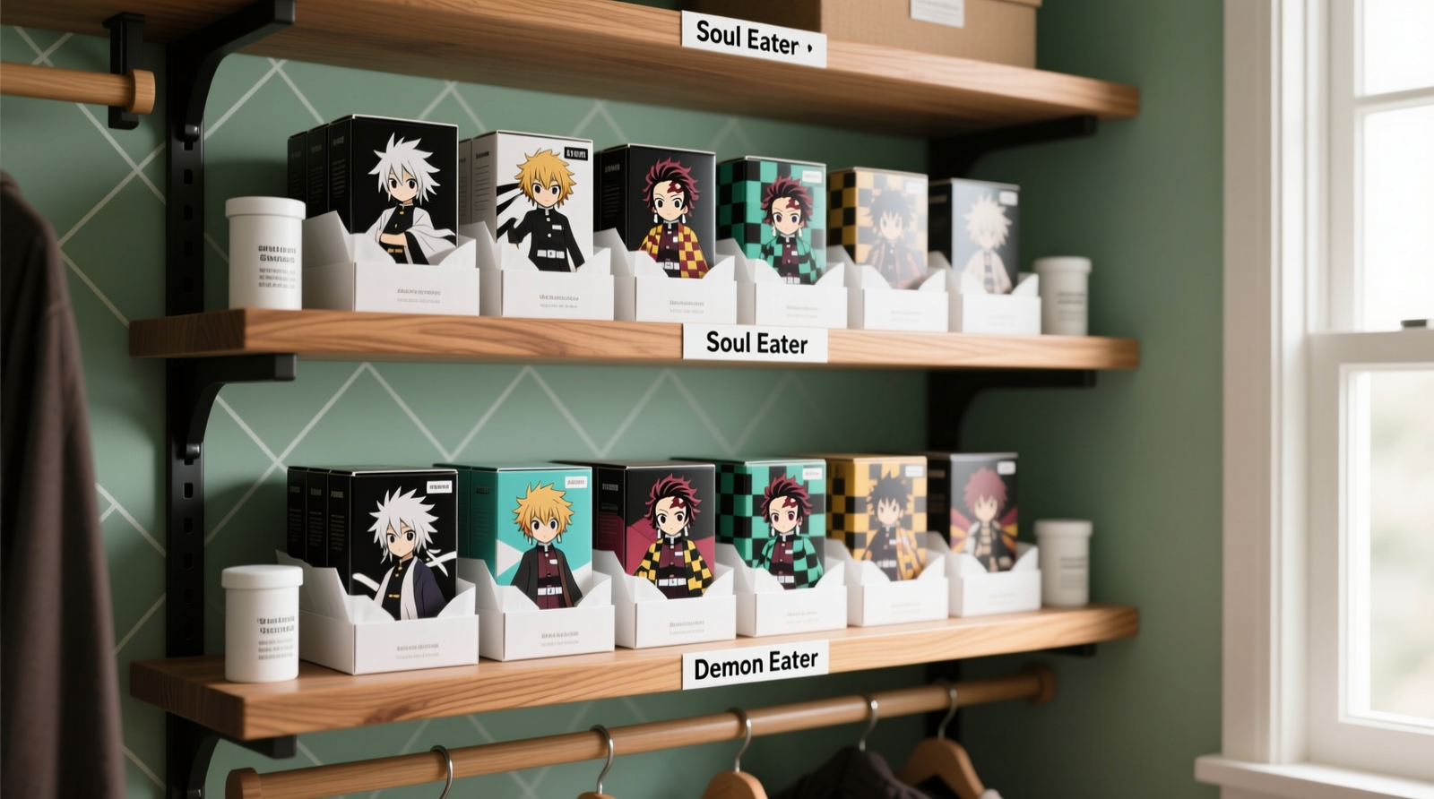 A well-organized closet section showing anime figure display boxes stored vertically on adjustable wooden shelves, each separated by crisp white archival tissue, with labeled shelf edges and discreet silica gel canisters placed at shelf ends