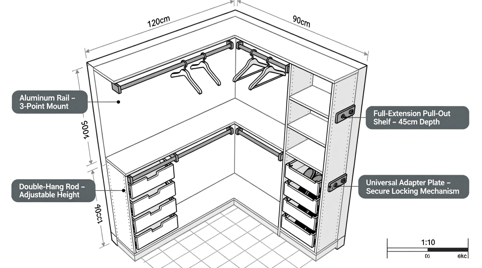Overhead diagram showing an L-shaped closet with labeled modular components: aluminum rails at three heights, double-hang rods, pull-out shelves, and a freestanding shoe tower clipped into the same rail system via universal adapter plates