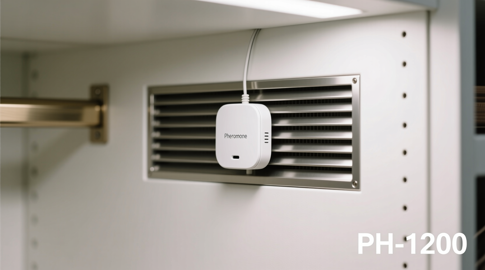 Close-up photo showing a compact pheromone diffuser mounted flush against the back panel of a walk-in closet, aligned precisely behind a rectangular metal ventilation grille with evenly spaced horizontal slats; no cords visible, no obstruction, clean white drywall surrounding