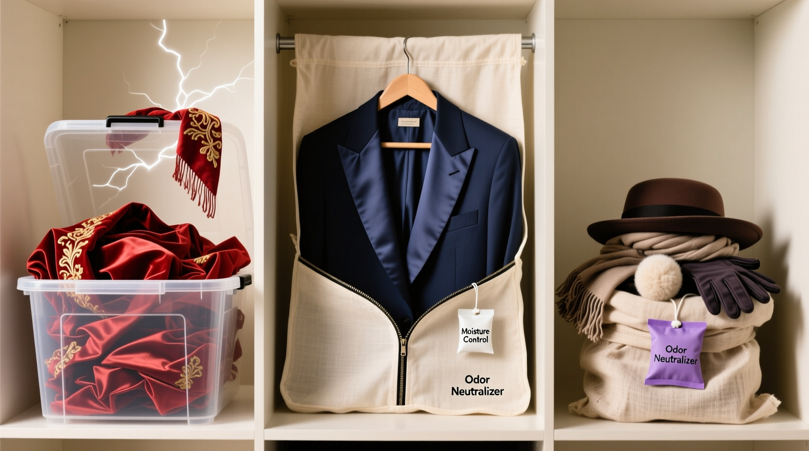 A well-organized closet section showing labeled garment bags hanging on padded hangers, rolled wigs in ventilated boxes with Tyvek care tags visible, and a small climate monitor mounted nearby displaying 48% humidity and 19°C