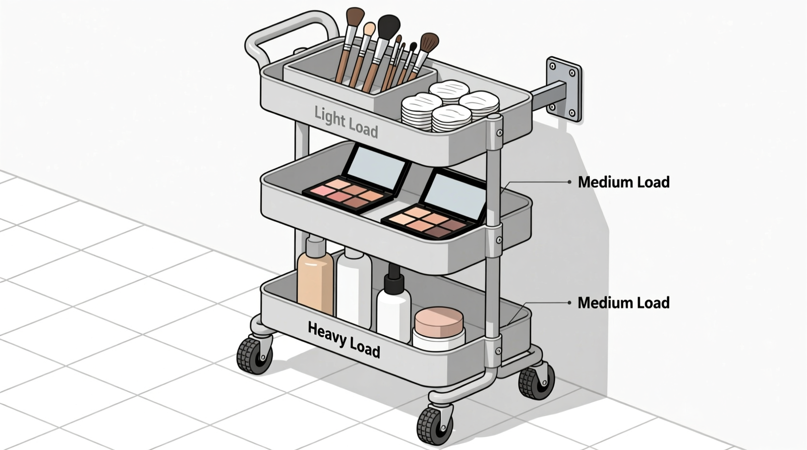 Side-view diagram showing a three-tier rolling cart with labeled weight zones: heavy skincare bottles centered on lowest shelf, medium-weight makeup palettes on middle shelf, lightweight brushes and cotton pads on top shelf, rubber-grip casters clearly visible, and a discreet wall-mount bracket securing the rear upright