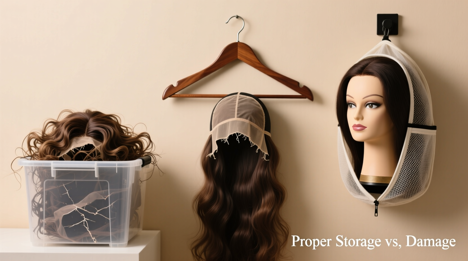 Three side-by-side wig storage setups: left shows a wig crushed inside a plastic bin (tangled, flattened); center shows a wig draped over a wooden hanger (stretched cap, frayed ends); right shows a wig mounted on a ventilated foam headform inside a breathable mesh bag (full volume preserved, no visible stress points)