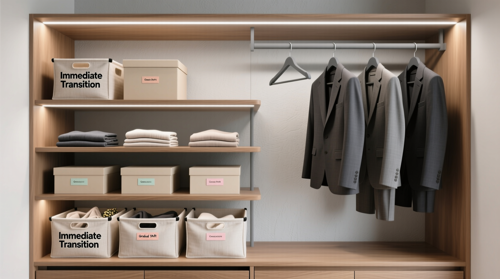 A minimalist closet section showing three clearly labeled hanging zones: 'Nursing Core' with soft knit tops and wrap bras, 'Transition Shelf' with adjustable joggers and layering tanks, and 'Reintegration Bin' with structured-but-stretch blazers and wide-leg trousers—all using matte black non-slip hangers and zero visible tags or packaging.