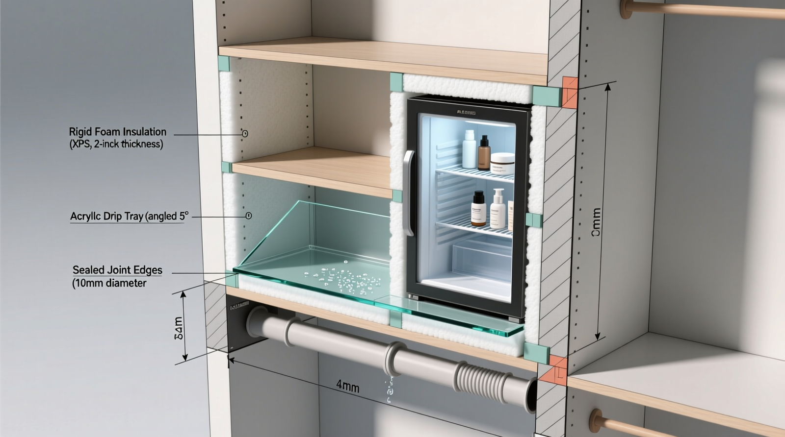 Cross-section diagram showing insulated closet shelf with skincare fridge, sloped acrylic drip tray, concealed silicone drainage tube, and rigid foam insulation fully sealed at joints and edges