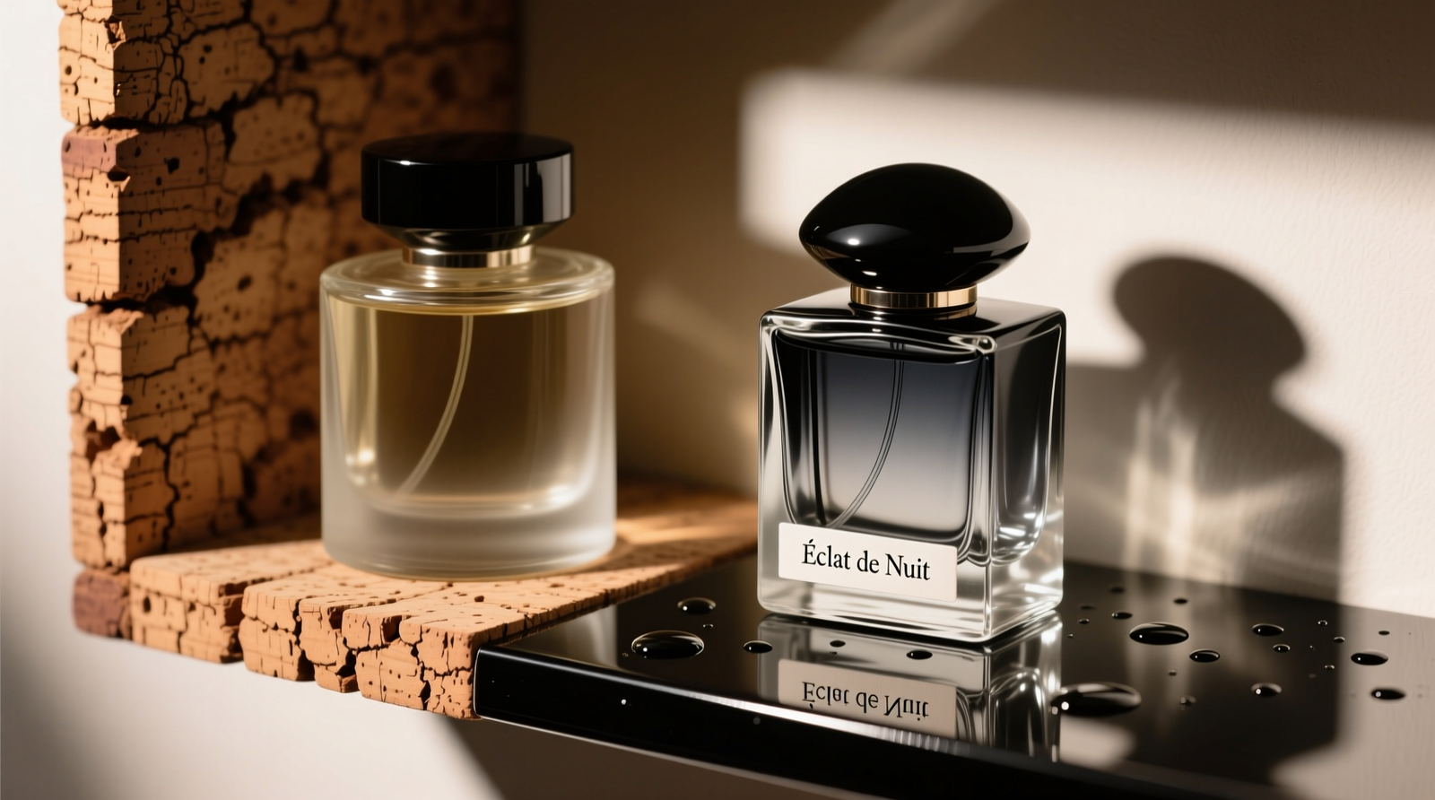 Side-by-side close-up of a glass perfume bottle resting securely on a natural cork-lined shelf versus sliding slightly on a glossy vinyl shelf liner, with visible micro-dents in the liner where prior drops occurred