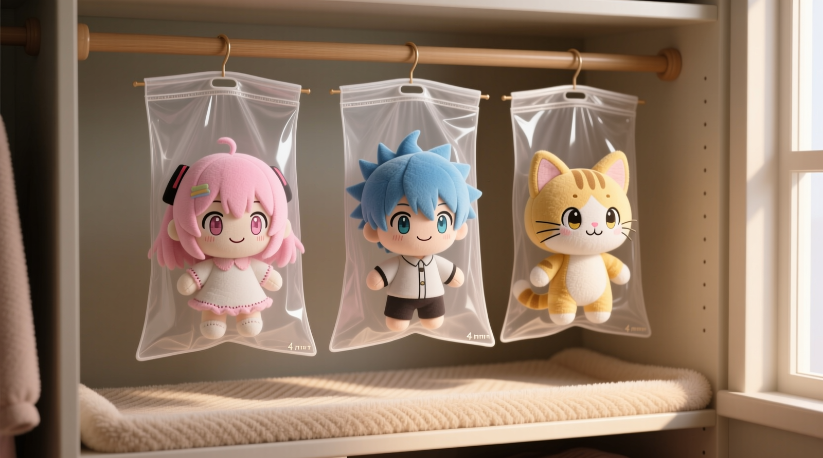 A clean, light-filled closet shelf showing anime plushies standing upright with soft fabric-wrapped foam cylinders positioned behind each one; muslin cloth draped loosely over the row, allowing full visibility of faces and gentle folds