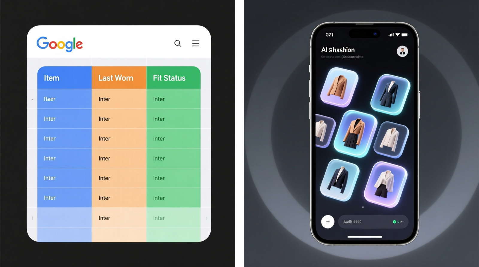 Side-by-side visual: left panel shows a clean, color-coded Google Sheet with columns for Item, Last Worn, and Fit Status; right panel shows a smartphone screen displaying a glossy AI app interface with outfit thumbnails—no visible data fields or audit timestamps