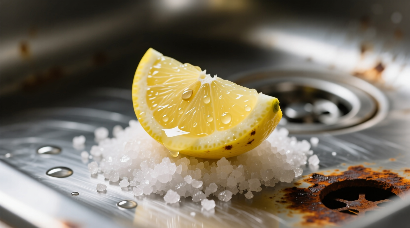 Close-up photo showing a stainless steel sink with a localized rust stain, next to a small bowl of coarse sea salt and a halved lemon dripping juice onto the salt—demonstrating the exact paste consistency recommended for application.