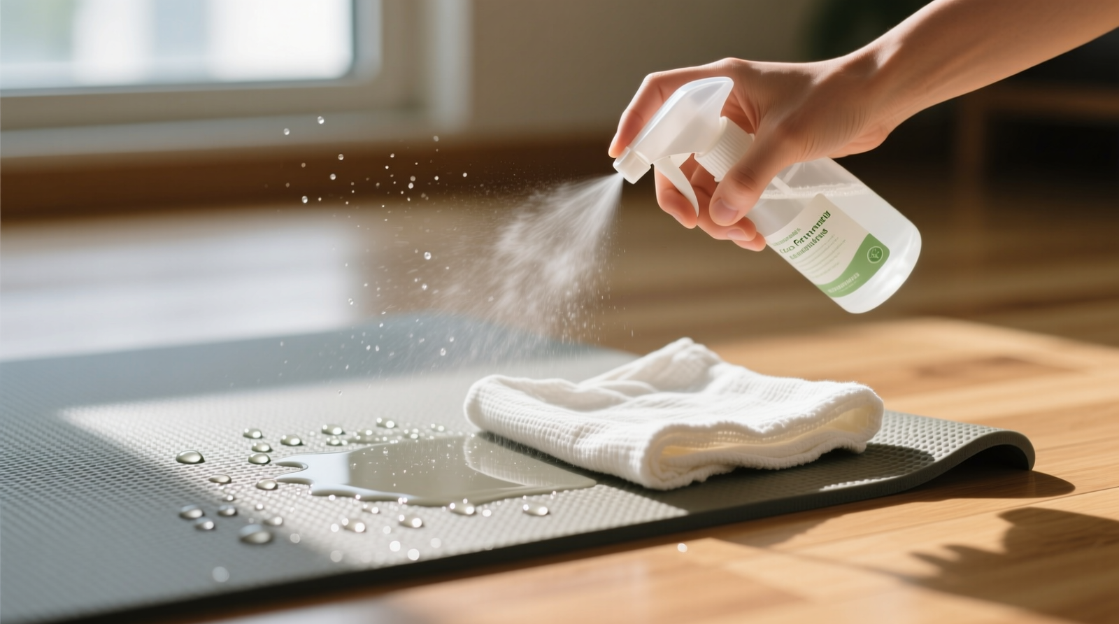 Close-up of a hand spraying a matte-textured natural rubber yoga mat with a fine mist, followed by gentle wiping with a folded organic cotton cloth—no pooling, no streaks, natural light ambient