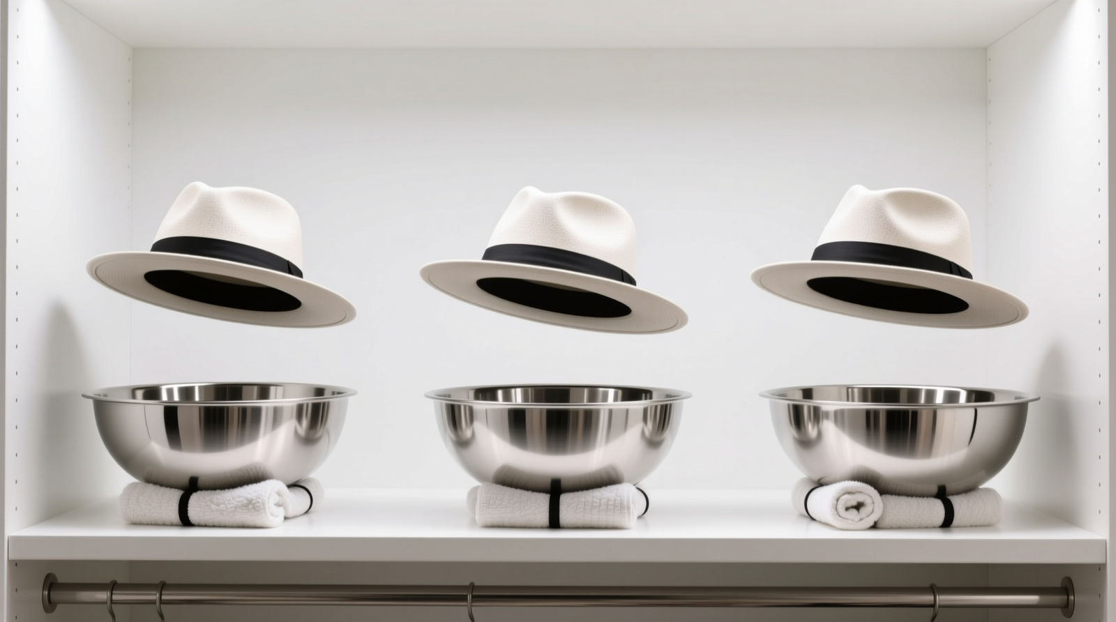 Close-up of a wool fedora resting securely on a suspended polyester mesh netting system, with visible tension lines and zero brim contact against wood shelving below