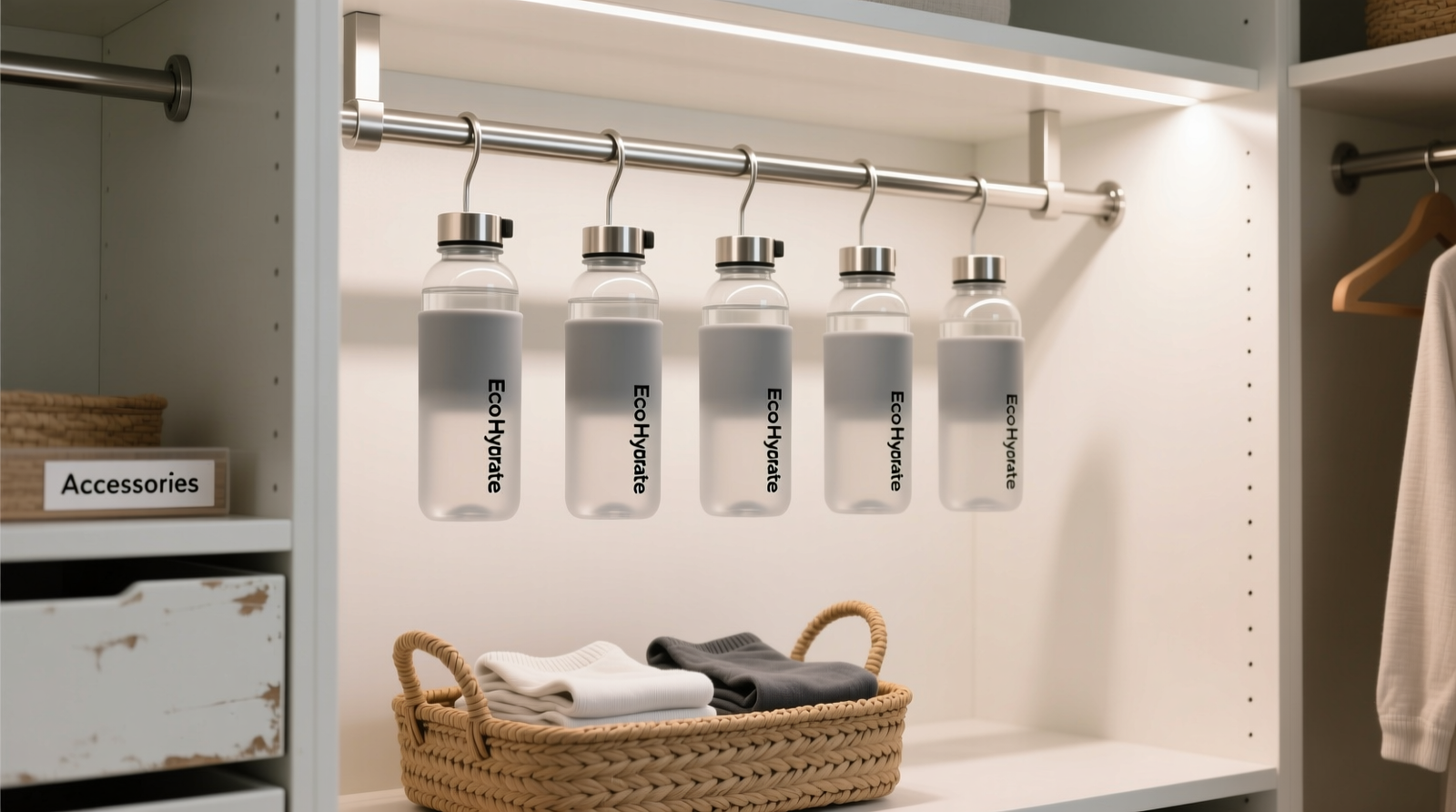 A well-lit walk-in closet showing a brushed stainless steel drying rack mounted at chest height, six reusable water bottles hanging upside-down with translucent matte silicone sleeves fitted snugly over their threaded necks; a shallow woven basket beneath holds folded sleeves and a labeled drawer unit