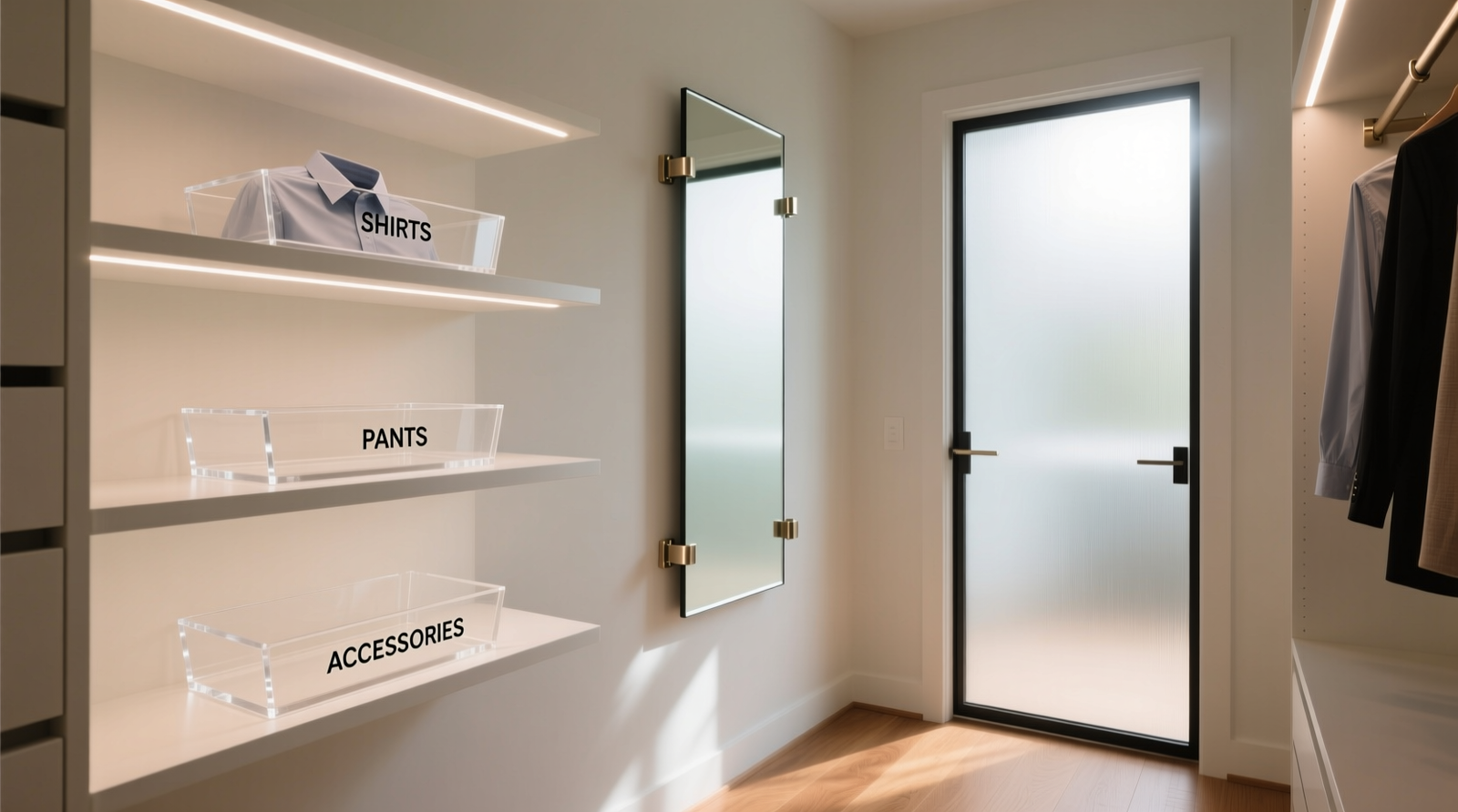 A minimalist walk-in closet with soft white LED strips illuminating three labeled acrylic trays on open shelving; a sleek, frameless tilt mirror mounted at 62 inches with adjustable hardware visible; no visible cords, no clutter, natural light filtered through frosted glass door