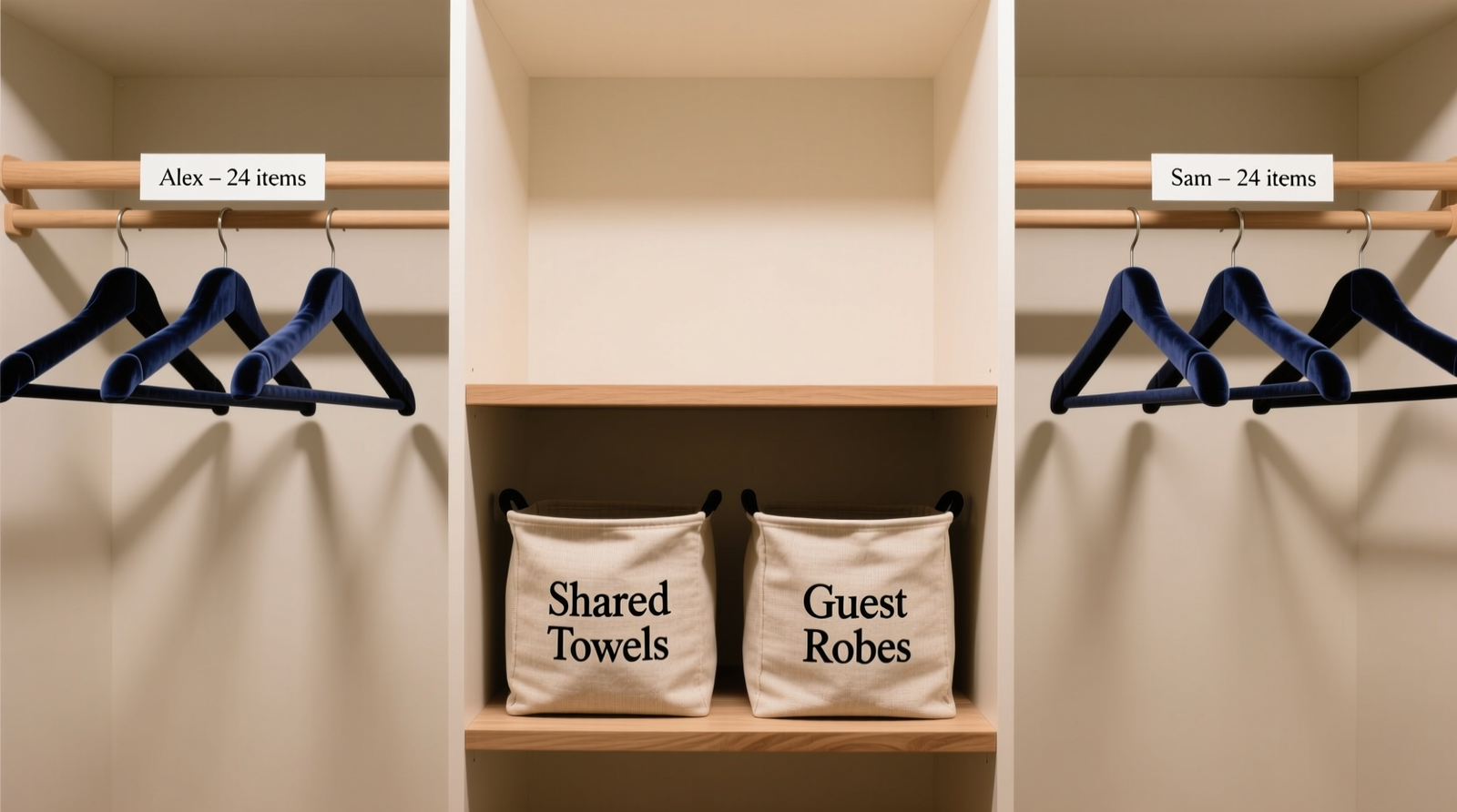 A narrow reach-in closet divided into three vertical zones by subtle matte-black acrylic strips; each zone holds identically styled hangers in distinct muted colors, with matching fabric bins labeled with monogrammed metal tags