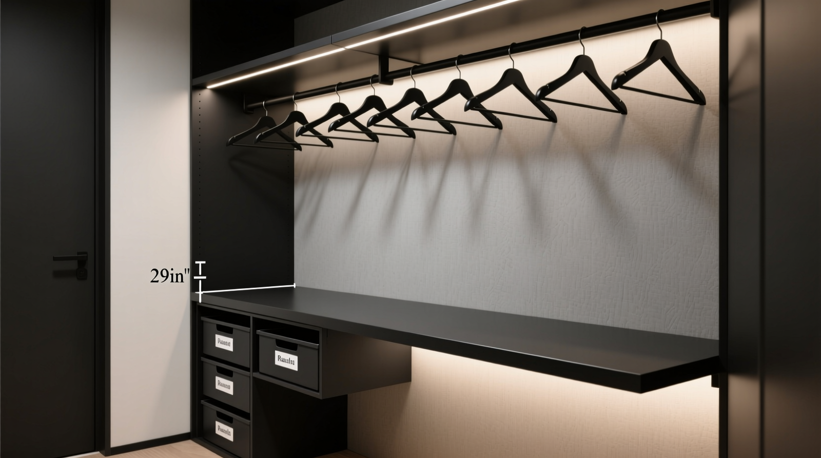 A narrow reach-in closet transformed into a minimalist home office nook: light oak fold-down desk extended, crisp white floating shelves above holding a laptop, notebook, and potted succulent; slim black rolling cart tucked beneath with labeled file trays; tailored navy blazers and folded cashmere sweaters neatly arranged to the left.