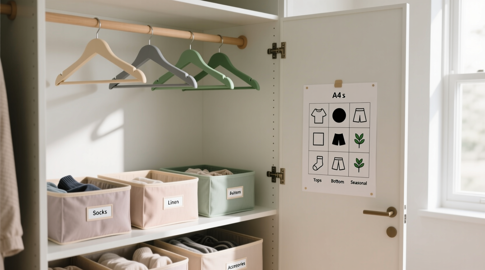 A well-lit, uncluttered closet with clearly labeled fabric bins on lower shelves, color-coordinated hangers on rods, and a laminated A4 sheet mounted neatly on the inside door showing a simple grid of zones and icons