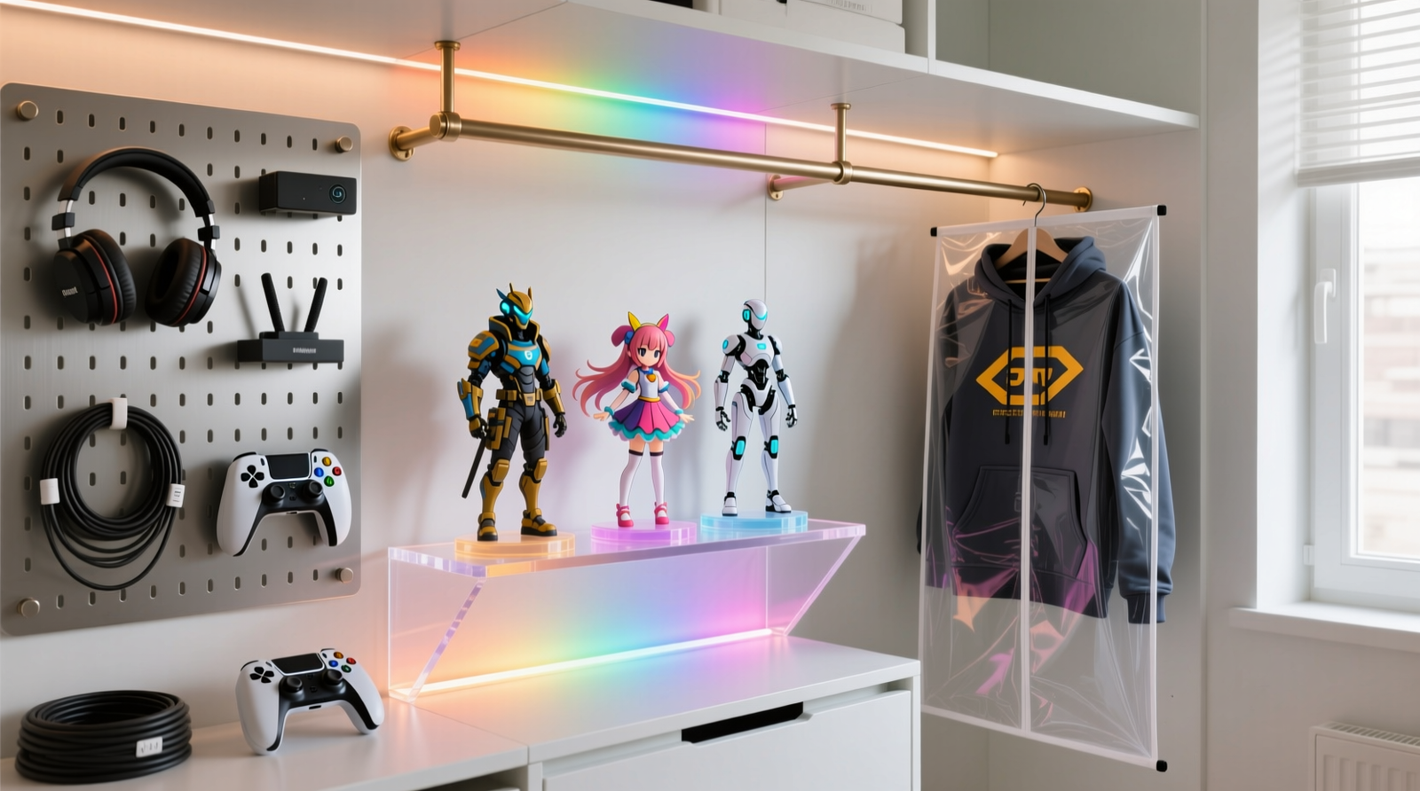 A 32-inch-wide closet showing magnetic pegboard on left holding headset, cables, and controller; angled acrylic shelf in center displaying three anime-style gaming figures with LED backlighting; slim garment bag hanging on right rod containing folded merch hoodies with visible logo panel