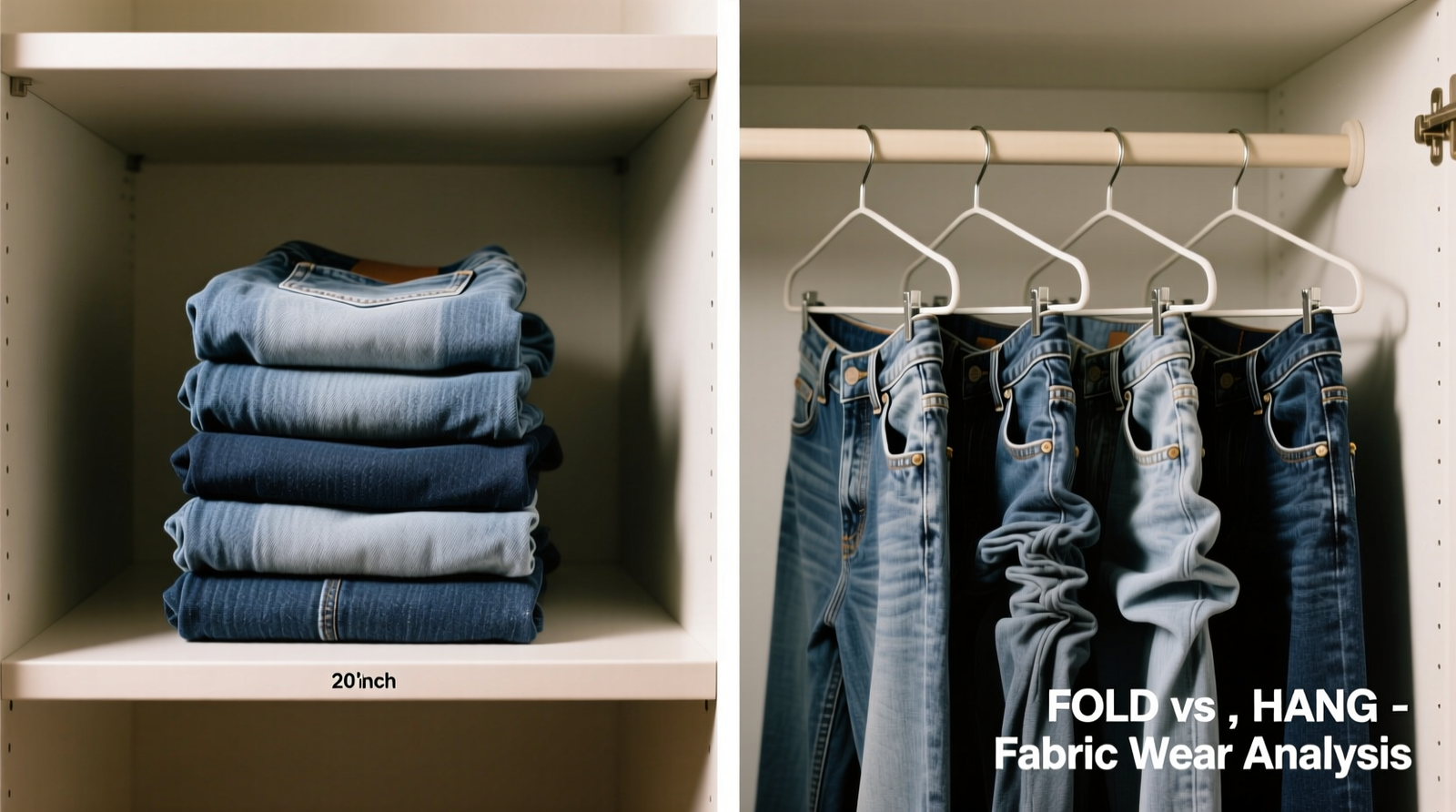 Side-by-side comparison: left shows six pairs of jeans folded vertically in a shallow 20-inch-deep closet shelf; right shows same six pairs hanging on a crowded rod with overlapping hangers and visible creases at knees and waists